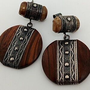 Vintage Peru 925 Sterling Silver and Wooden Earrings Designer Signed